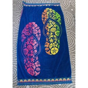 Resort Living Beach Towel VTG‎ Flip Flops VTG Cotton Thick Heavy Reversable Blue
